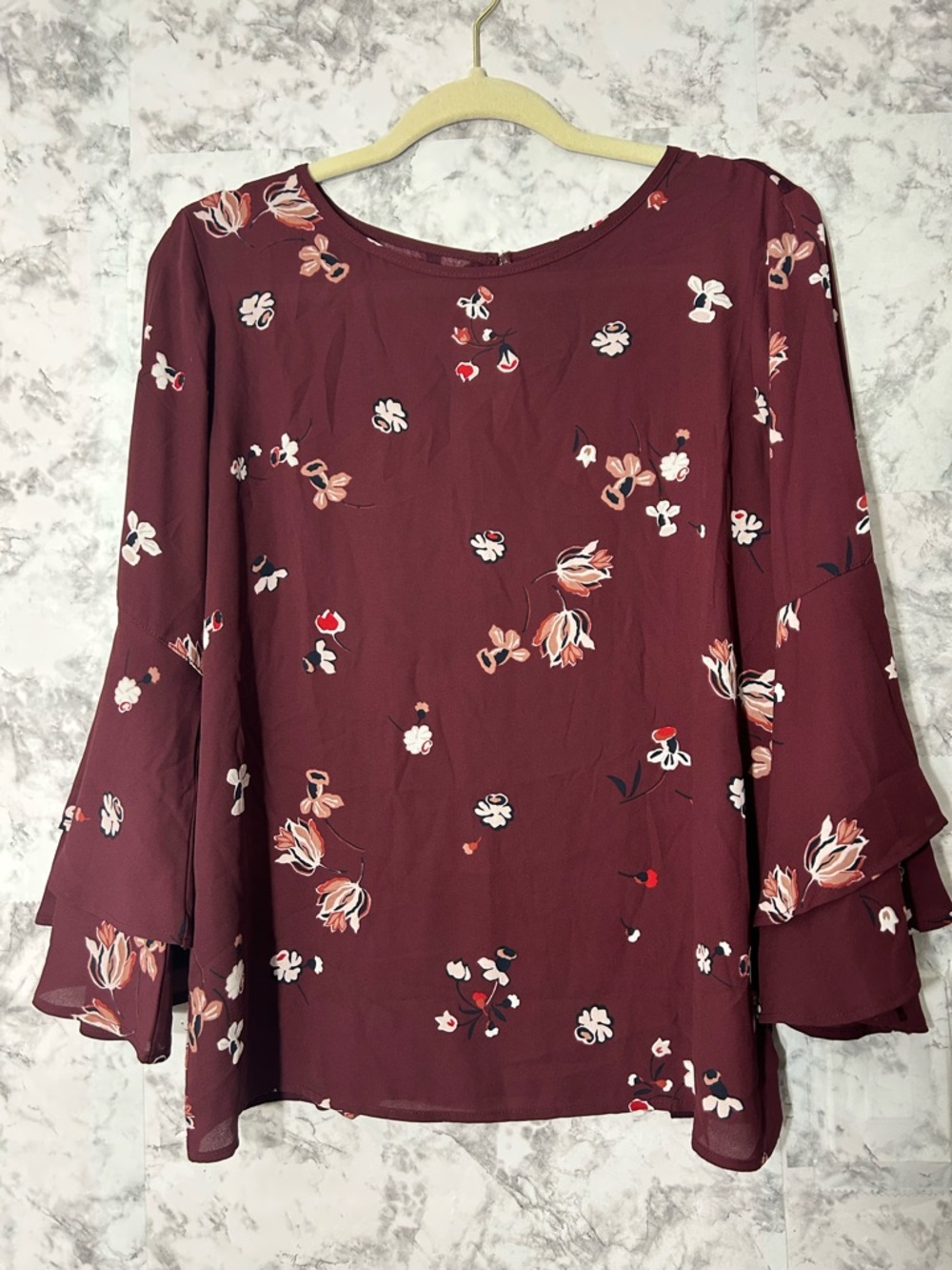 LOFT Maroon Floral Bell-Sleeve Blouse